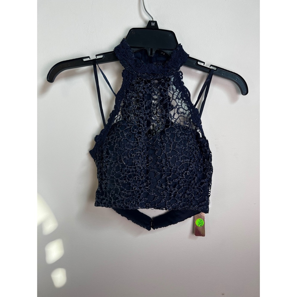 Sequin Hearts Navy‎ Blue Lace Halter Crop Top Size 0 NWT